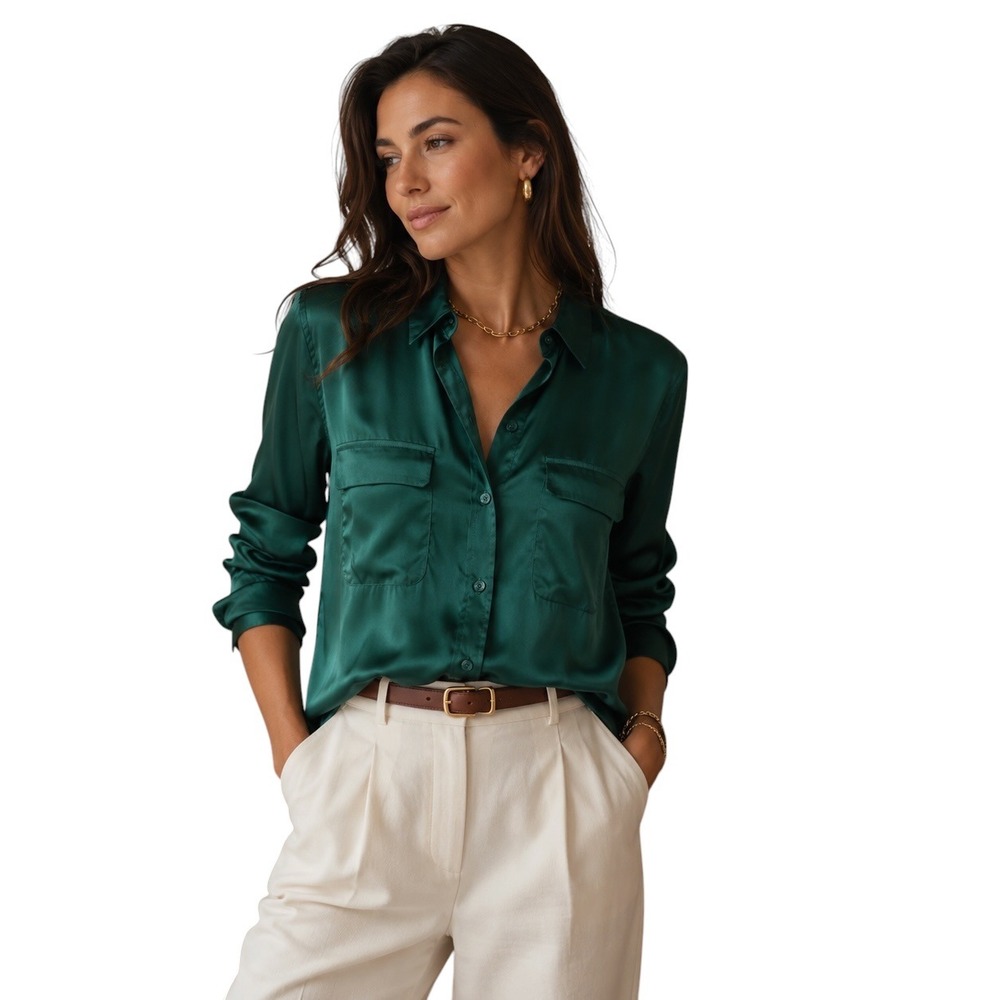 Equipment Womens Emerald Green Satin Button Down Shirt Blouse Size M